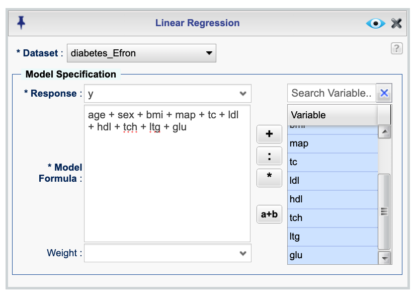 Lasso regression dialog showing parameters for fitting data to the diabetes_Efron dataset