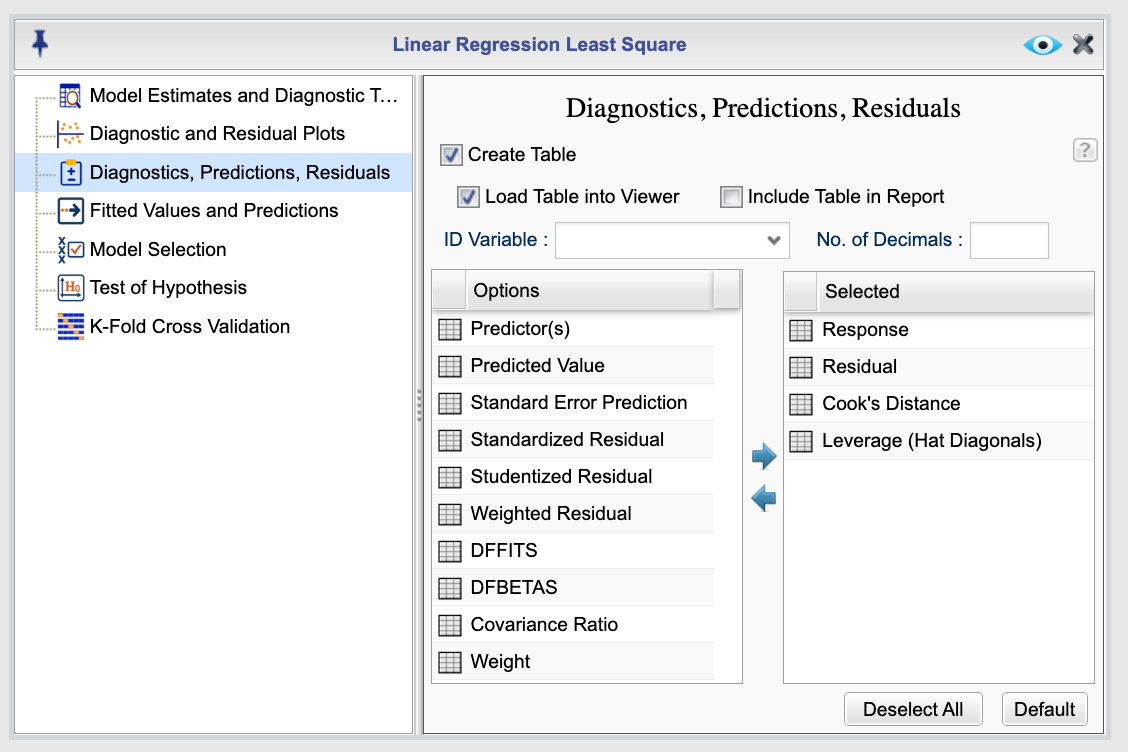 Linear Regression Model Diagnostics fitted values and Residual Plots dialog