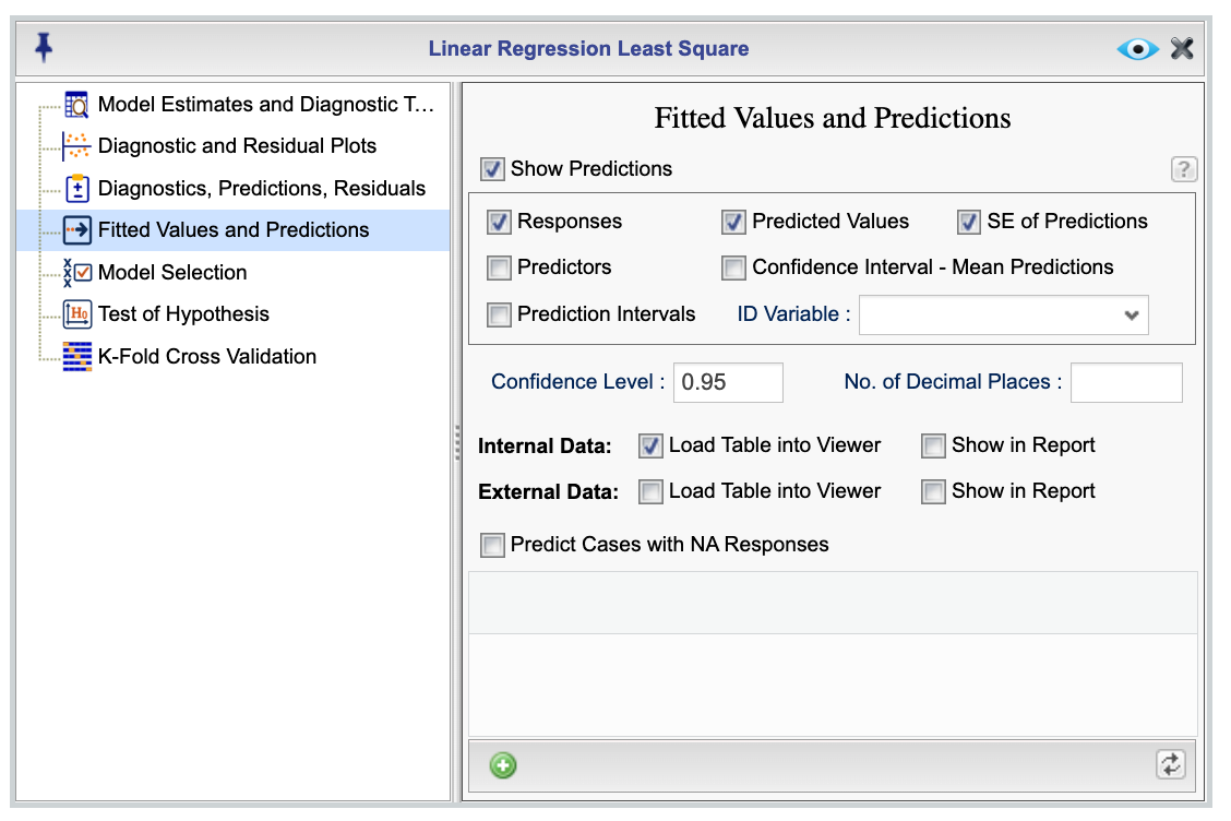 Linear Regression fitted values predictions, and prediction interval dialog