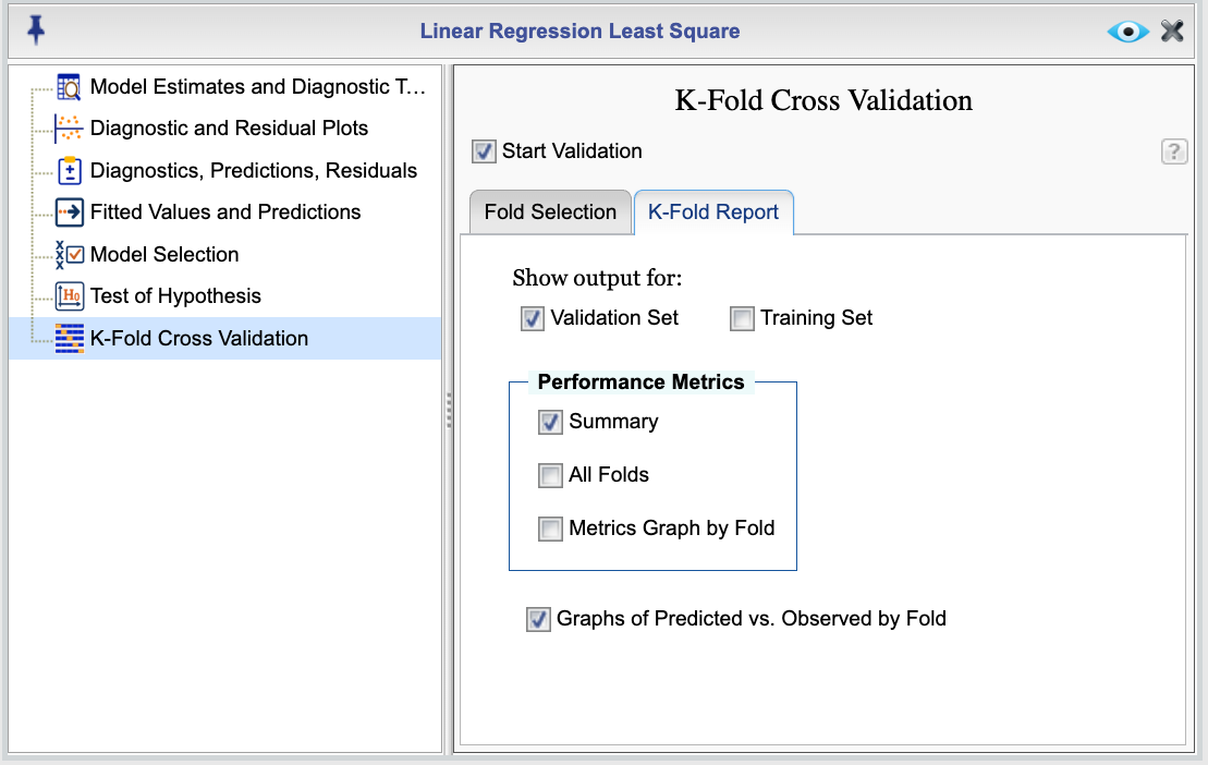 K-fold cross validation report dialog