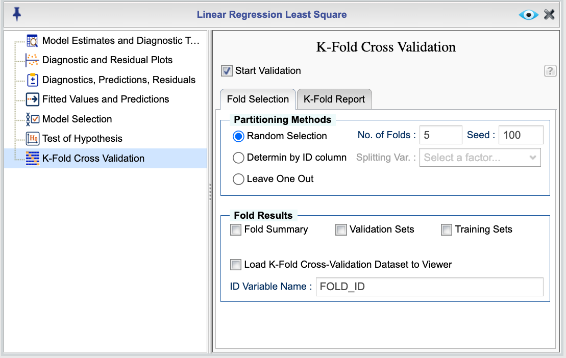 Dialog for fold Selection for K-fold cross validation