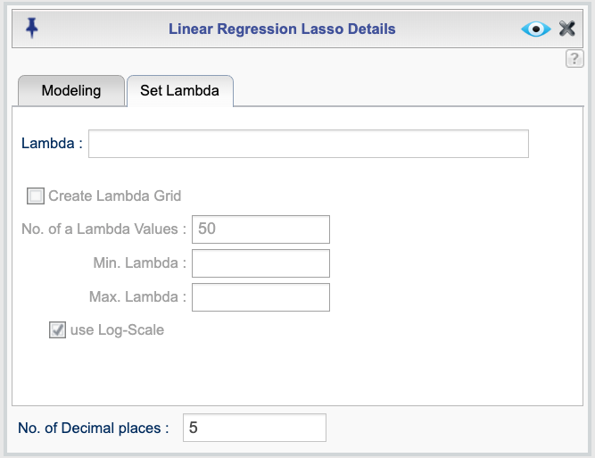 Lasso regression dialog for specifying lambda