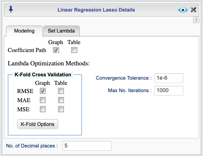 Lasso regression dialog