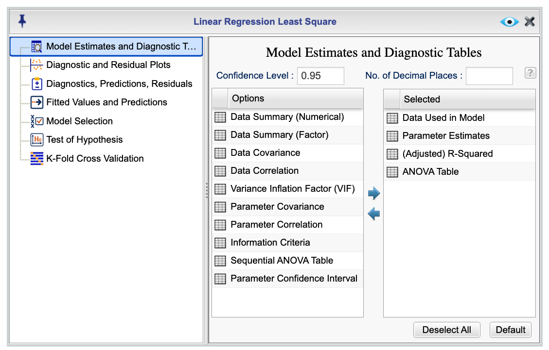 Linear Regression Model Estimates and Diagnostics Table dialog