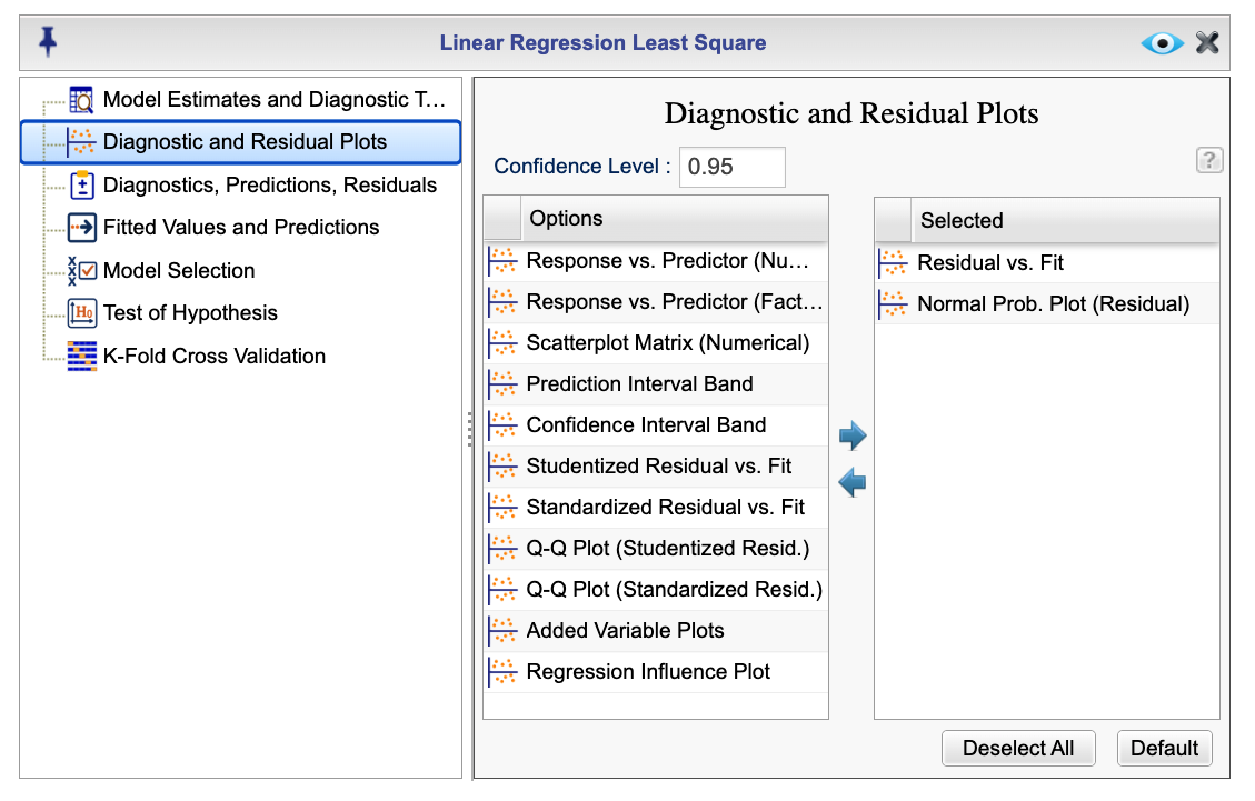 Linear Regression Model Diagnostics and Residual Plots dialog