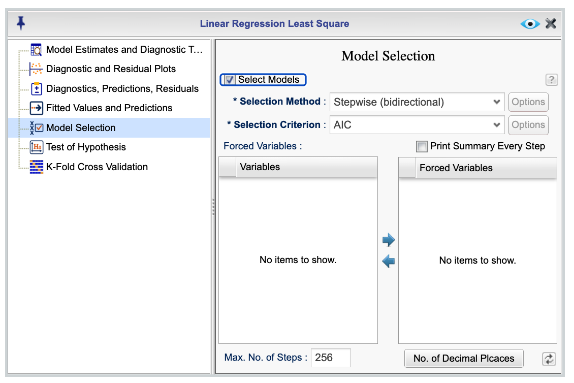 Linear Regression model selection dialog
