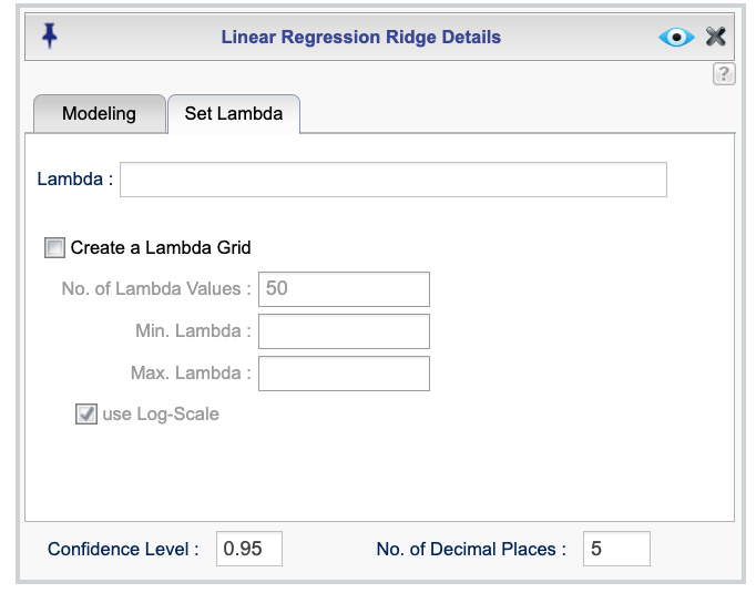 Ridge regression dialog for specifying lambda