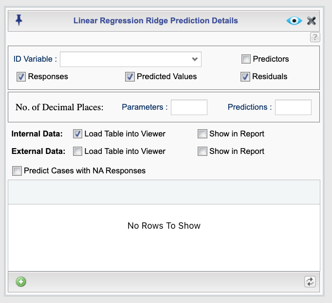 Ridge regression prediction dialog