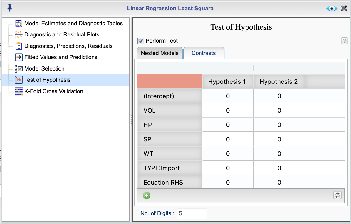 Test of hypothesis dialog for testing contrasts