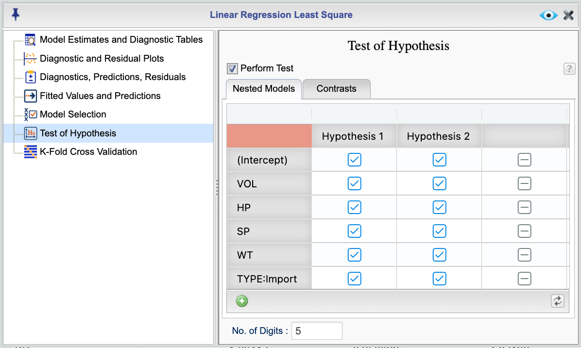 Test of hypothesis dialog for testing nested models