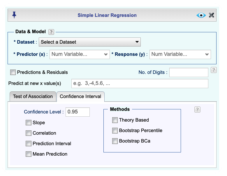 Simple Regression Confidence Interval dialog